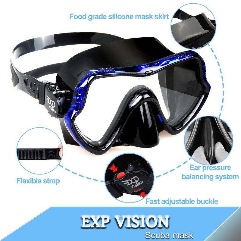 EXP VISION Snorkel Diving Mask, Professional Adults Snorkeling Mask Gear, Ultra Clear Tempered Glass Swim Mask Anti Leakage Swimming Goggles with Nose Cover for Men Women Youth (a-Blue) - Image 5